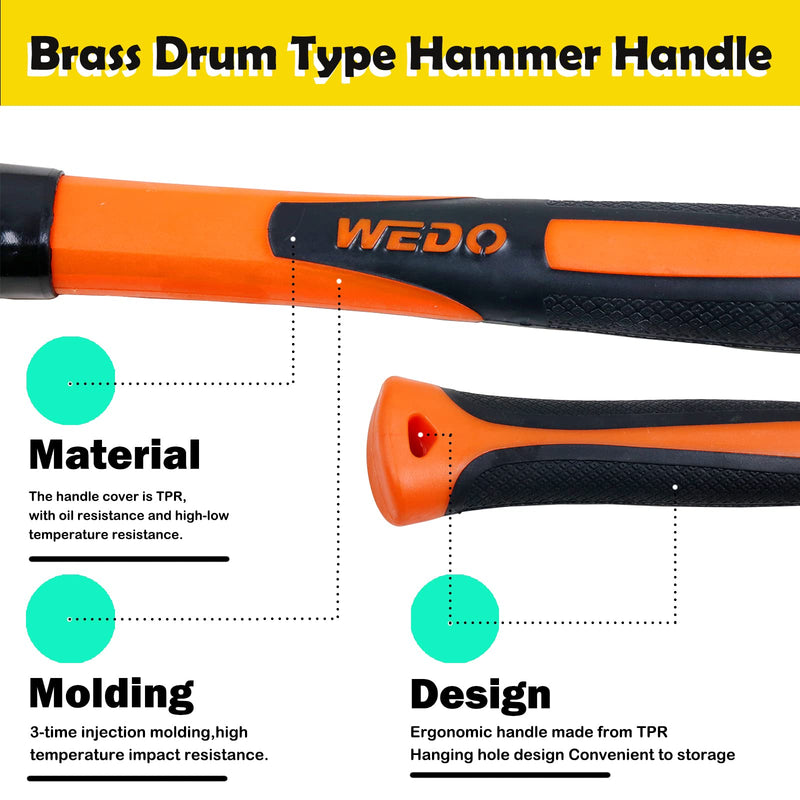 WEDO 16oz Brass Hammer,Solid Brass Mallet Hammer with Fiberglass Handle,Double Faced Head,Length 12"(310mm), Die-Forged, Corrosion Resistant, DIN Standard 1lb