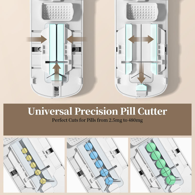 Daviky Pill Cutter Splitter for Small & Tiny Pills, Dual Safety Blades, Adjustable Centering Slot, Precise 1/2 1/3 1/4 Tablet Cutter, Built-in Storage, Portable & Senior-Friendly White
