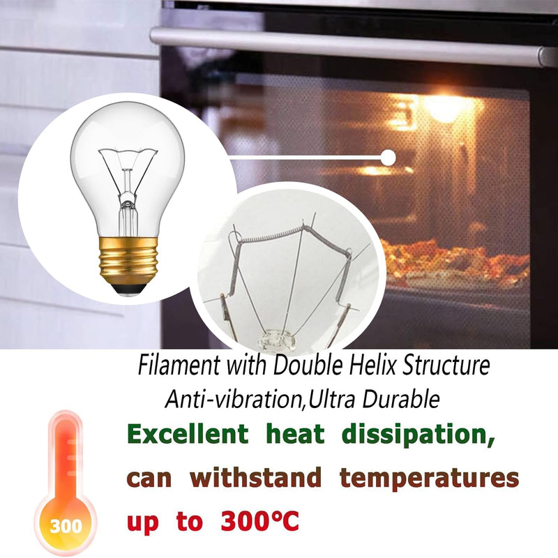Appliance Oven Light Bulb, High Temp 300 °C Resistant,（2 Pack） A15/E26/120V/40 Watt Appliance Replacement Bulb for Refrigerator Over Stove Microwave Range Hood,Warm White