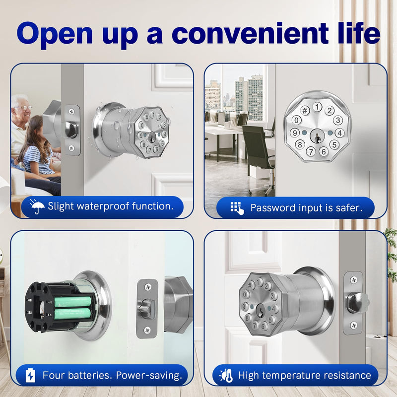 Door Knob with Keypad and Key, Keyless Entry Door Lock,Smart Digital Knob Unlock by Passcode/Keys/USB backuplock,Electronic Door Knob for Home Bedroom Apartment Garage Office Security,Brushed Nickel 1 Pack Satin Nickel