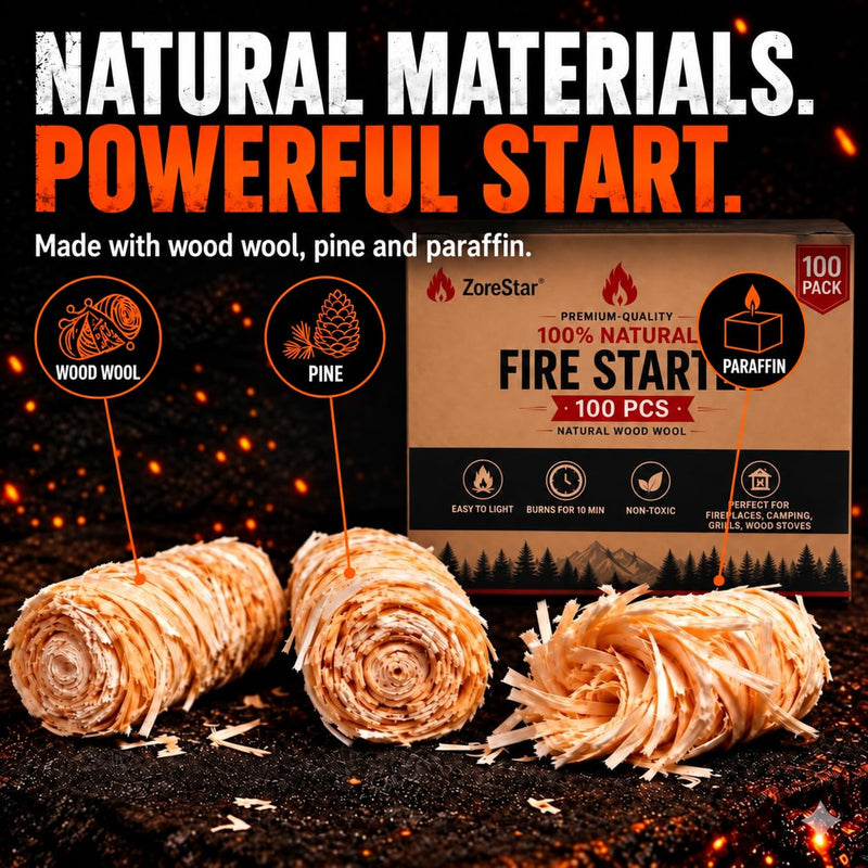 Fire Starters for Woodstoves - XXL Pack of 100 Charcoal and Wood Fire Starters for Quick Ignition - Ideal for Campfires, Fireplaces, Grills, Fire Pits - Reliable Outdoor Fire Starter Kit 100pcs