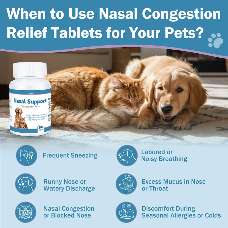 Nasal Congestion Relief for Cats and Dogs, Sinus Support Supplement for Pets, Congestion and Sneezing Relief & Clear Breathing Respiratory Comfort, Natural Formula for Cats and Dogs 200 Tablets