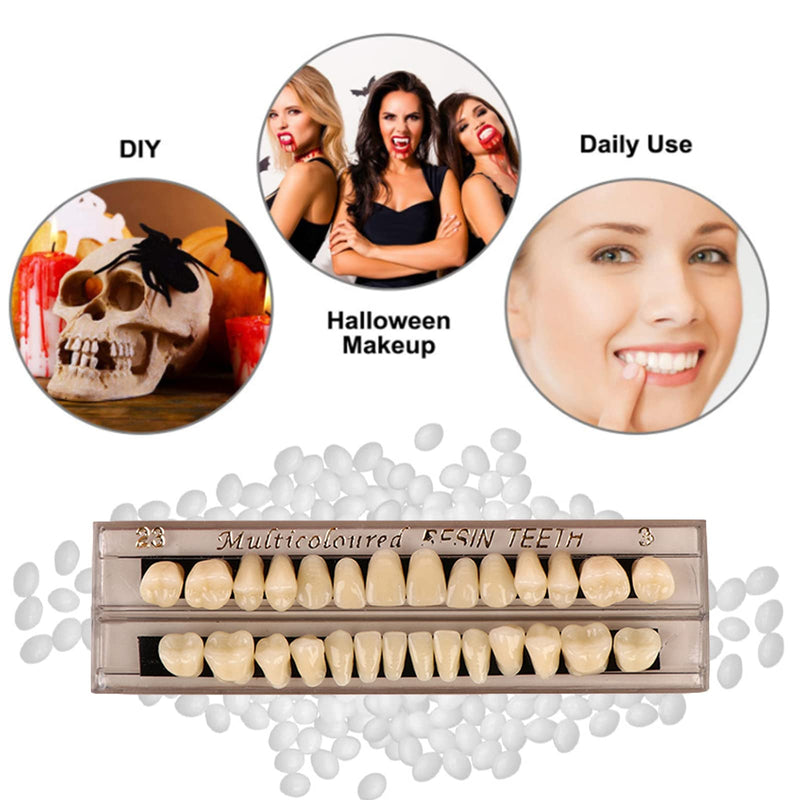 56 Pieces False Teeth, 2 Sets Whole Teeth Synthetic Polymer Denture Teeth, 23 Shade A3 Upper + Lower Dental Materials for Replacement, DIY, or Halloween