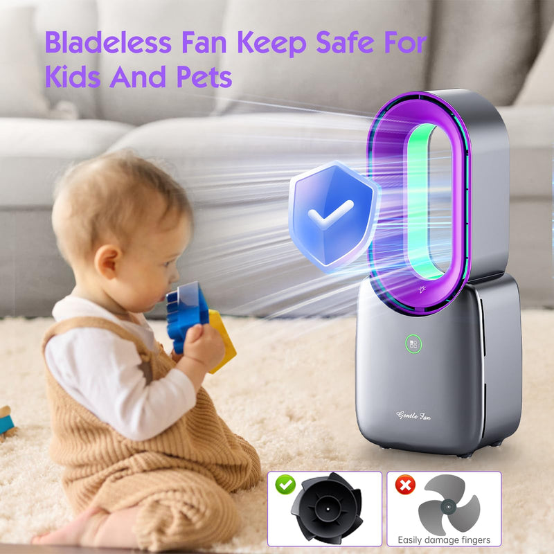 Misby Rechargeable Desk Fan, 5-color LED Light Bladeless Table Fan of 11.8 Inch, Purple Desk Fans Small Quiet for Bedroom, Home, Office Grey/Purple