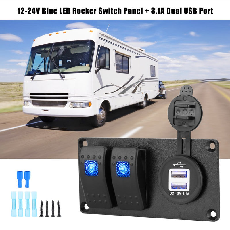 Marine Switch Panel, Dual USB Charging 3.1A 2 Gang RV Boat Switch 12V-24V Universal Voltage for Drivers Boaters RV Owners Marine Enthusiasts