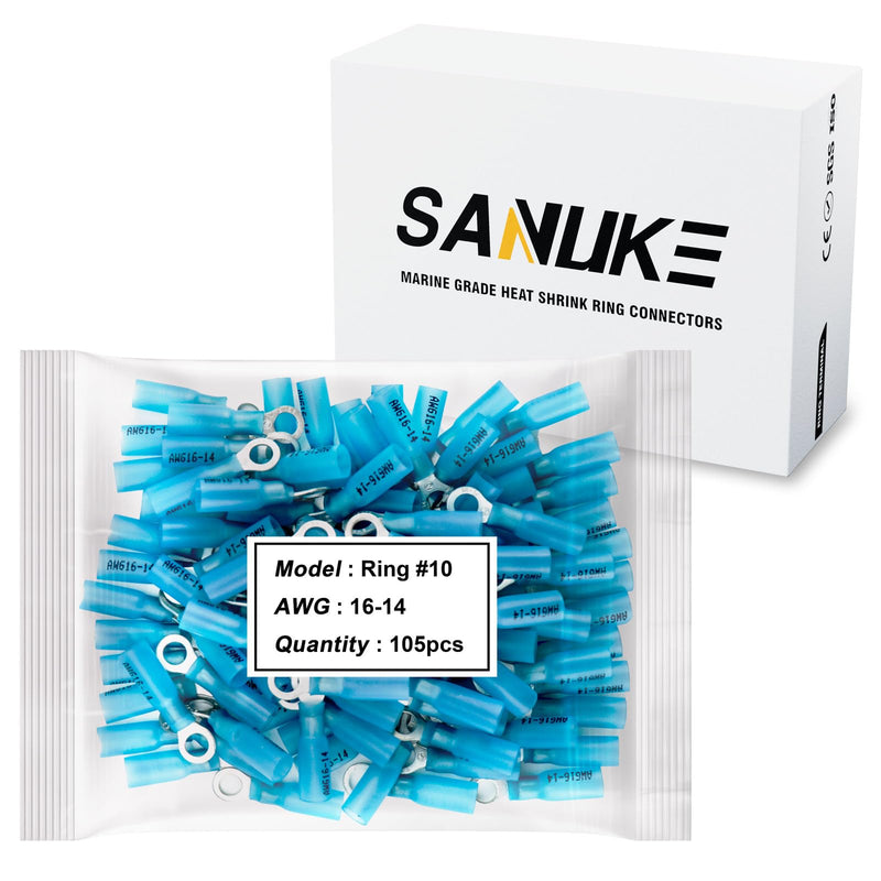 Sanuke 105Pcs 16-14 AWG - #10 Heat Shrink Ring Terminals 0.8mm Tinned Pure-Copper Marine Grade Waterproof Heat Shrink Wire Connectors Blue Ring #10 AWG 16-14 Blue 105