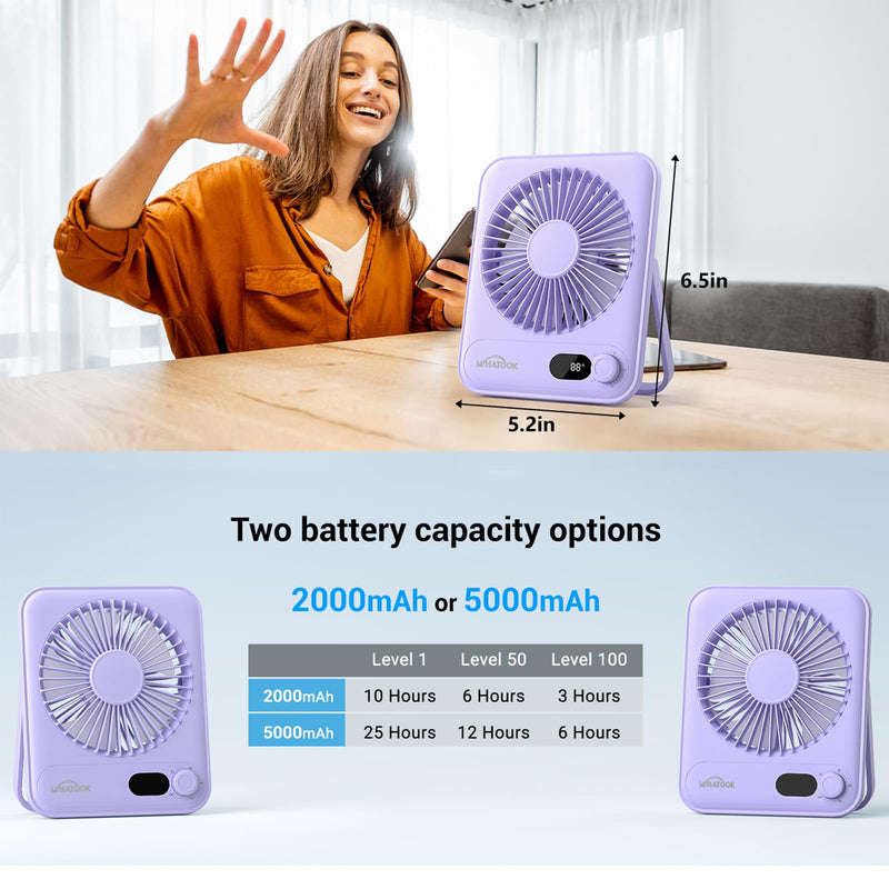 WHATOOK Desk Fan 2 Pack: 100 Speeds Stepless Control 5000mAh Battery Operated Portable Fan, Rechargeable Table Fan for Cruise Ship Essentials, Gift for Couples, Dorm, Office, Bedroom(Black and Purple) Black and Purple 5000 mAh