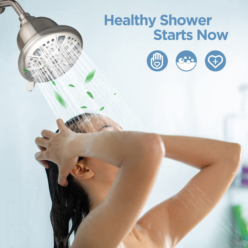 MakeFit Filtered Shower Head Brushed Nickel - High Pressure Shower Head with Filter for Hard Water Softener - 7 Settings Bathroom Rain Showerhead to Remove Chlorine and Heavy Metals Premium Filter