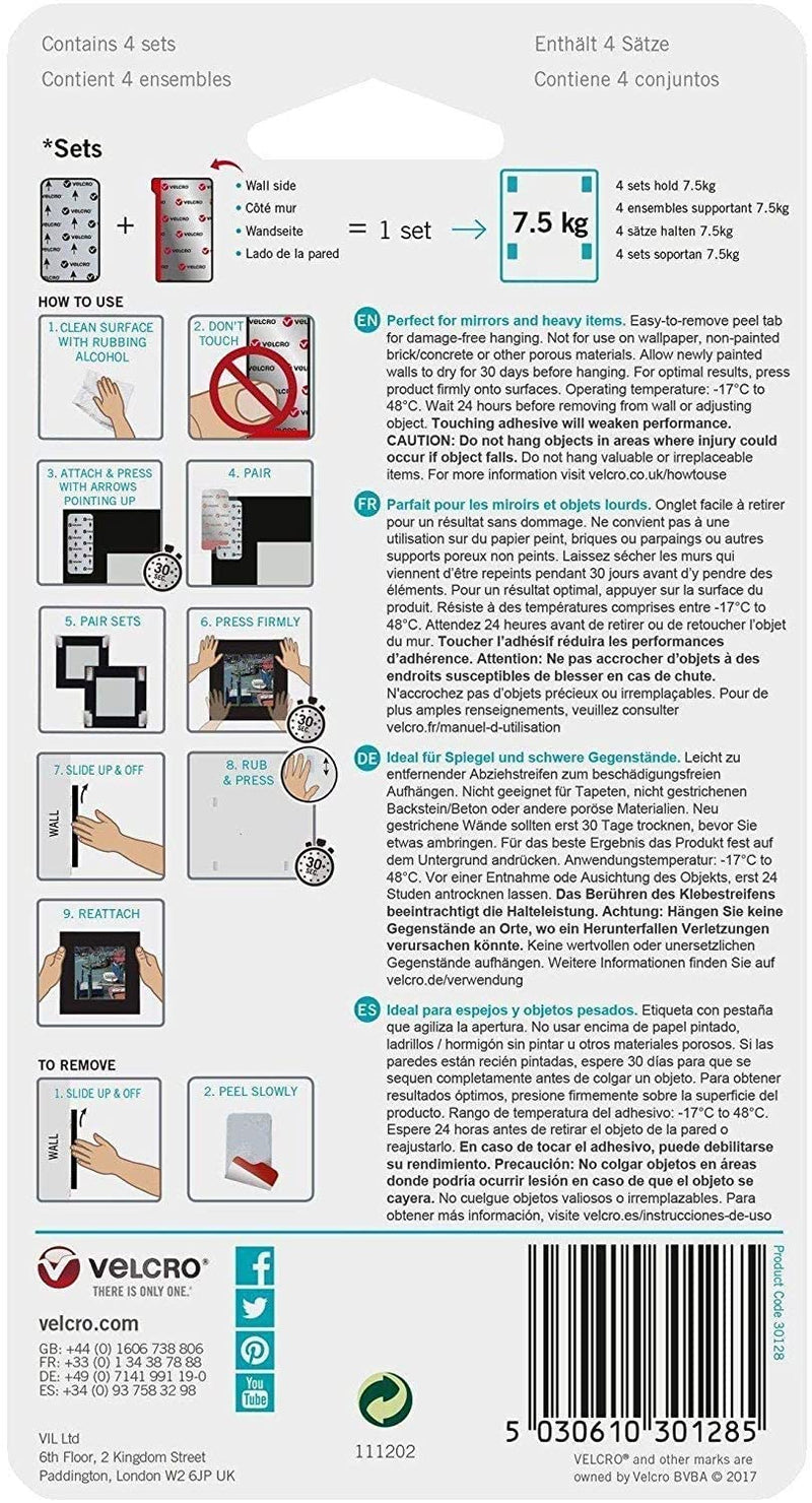 VELCRO Brand HANGables Removable Wall Fasteners | Strong Adhesive Hold, Up to 7.5 kg / 16 ½ lb (per set of 4) | Easy-to-Remove from Wall, Firm Hold to Frame or Mirror | 1 ¾ x 3in strips, 8 sets, White Large Strips