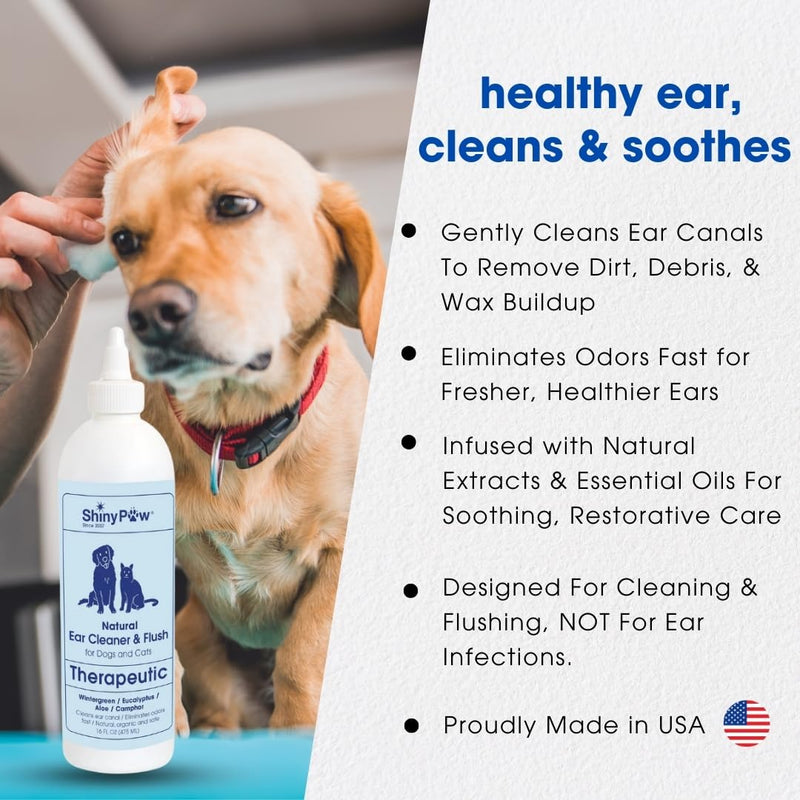 Dog Ear Cleaner Solution for Dogs & Cats 16 oz by Shiny Paw | Wintergreen, Camphor & Aloe – Gentle Ear Flush for Pets Health | Dog Ear Wash | Made in the USA