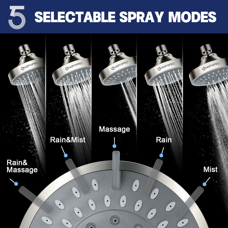 HOPOPRO 5-Mode High Pressure Shower Head - The Washington Post, NBC News, Today TV Show Recommended - High Flow Fixed Showerheads (4 Inch Brushed Nickel) 4 Inch Modern