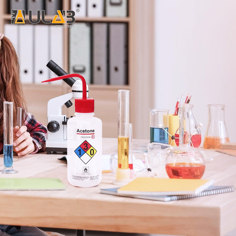 ULAB Safety Wash Bottles, 4pcs of Acetone Wide-Mouth Wash Bottles, LDPE Material, Vol.500ml, UWB1022 4pcs, Acetone Label