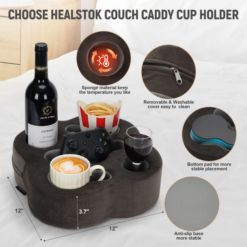 Couch Cup Holder Pillow, Sofa Organizer Caddy Bed Refreshment Tray for Drinks, Remotes, Phones, Snacks (Soot) 12*12*3.7 Inch Soot