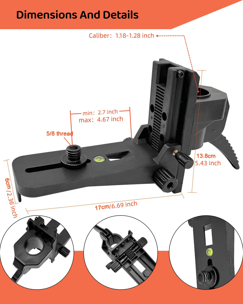 Mounting Bracket Clamp with 1/4"-20 Male Thread and 5/8"-11 Adapter, Adjustable Laser Level Pole Clamp with Bubble Level for Rotary and Line Lasers, Heavy-Duty Bracket for Telescoping Poles