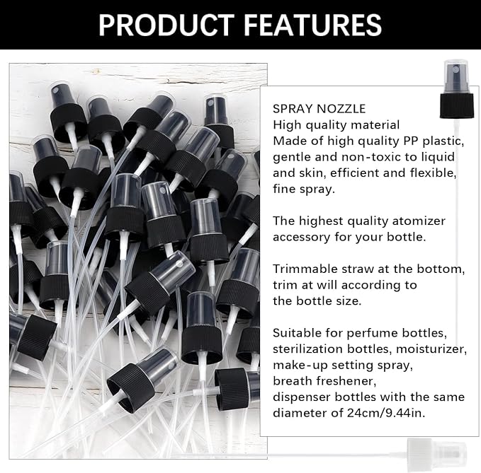 FERCAISH 40pcs Spray Bottle Top Head Spray Bottle Replacement Pump Oil Spray Top Reusable Dispenser Cap Fine Mist Spray Cosmetic Spray Bottle (24 Caliber-Black) - NewNest Australia