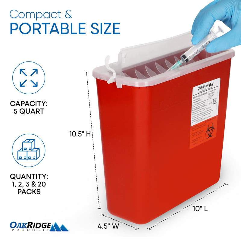 Oakridge Products Sharps Container for Home Use and Professional 5 Quart (1-Pack), Biohazard Needle and Syringe Disposal, Horizontal Drop Style Lid with levers, CDC Certified 1