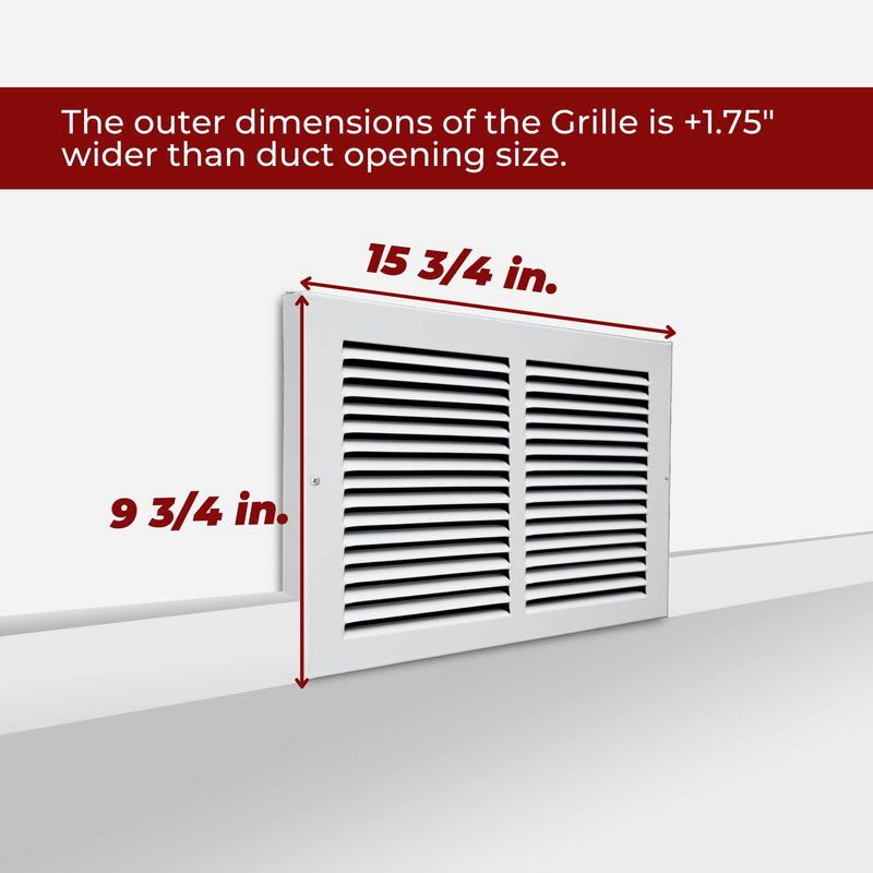 Fits 14x8 Duct Opening | Steel Baseboard Return Air Grille by Handua | Vent Cover Grill | 7/8" Margin Turnback [Depth] to Fit Baseboard | White | Outer Dimensions: 15.75"W X 9.75 "H 1 14"W x 8"H [Duct Opening]