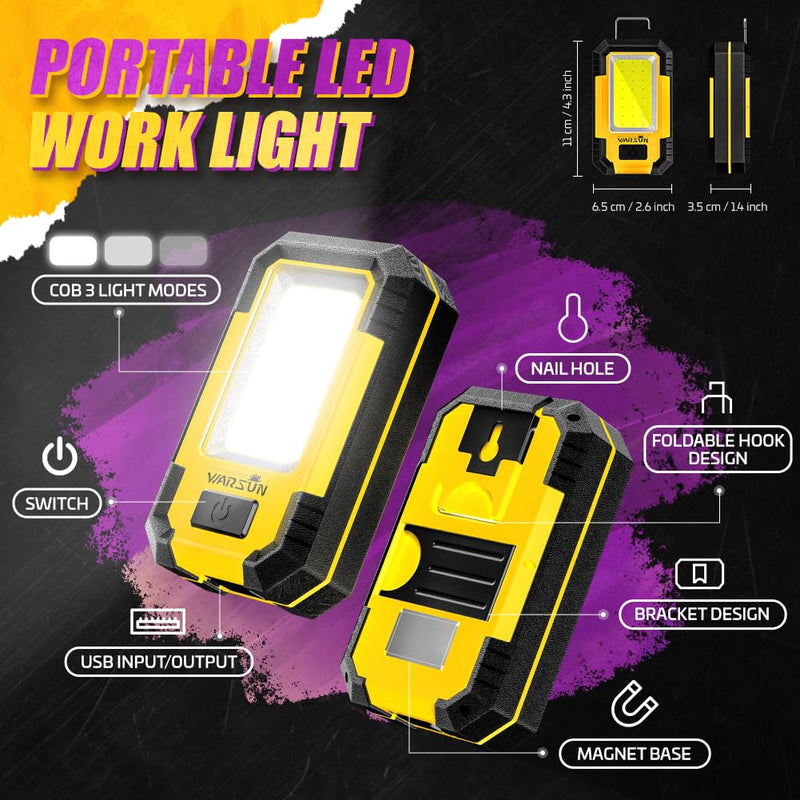 WARSUN Rechargeable Work Light LED Magnetic Mechanic Light Portable Worklight for Camping Car Repairing 1200 High Lumens Bright Yellow