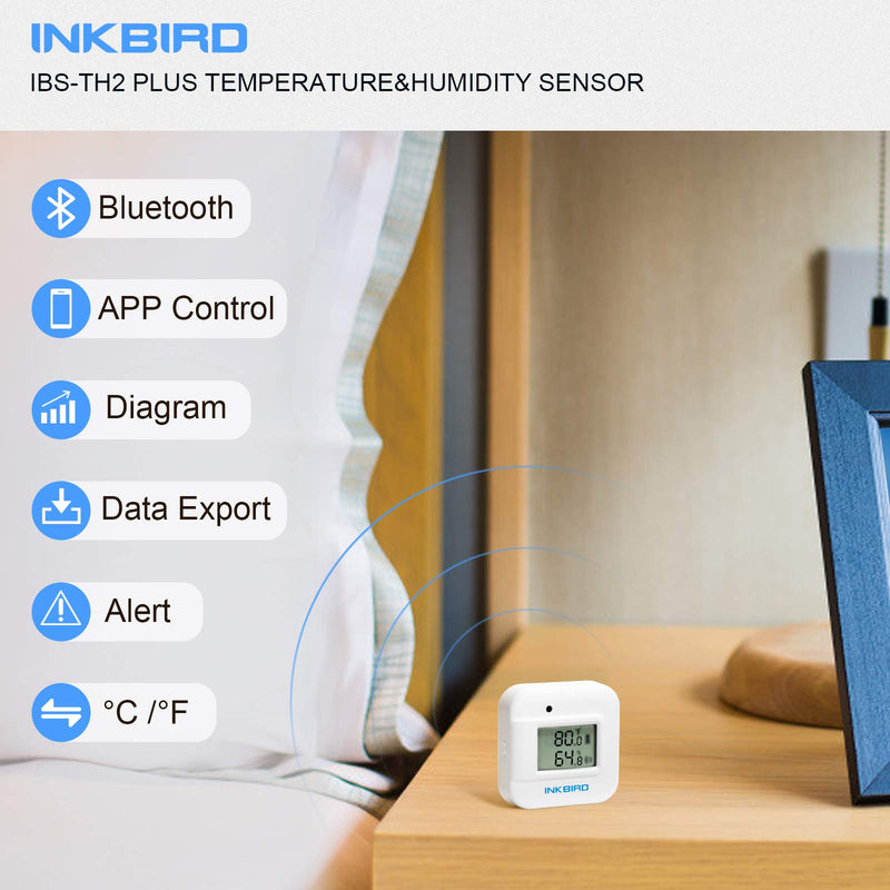 Inkbird Smart Thermometer Temperature and Humidity Monitor Hygrometer Indoor, Free APP for iOS and Android, IBS-TH2 Plus Version Supports External Temperature Probe and Digital Display With External Temperature Probe