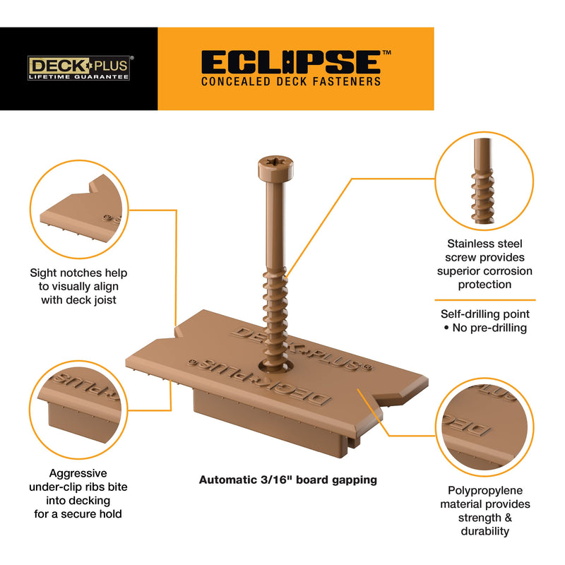 Deck Plus Eclipse Hidden Deck Fasteners, Deck Screws, Wood Screws, Stainless Steel, Brown, 90 Pack #7 x 1-5/8" Brown Hidden Fastener