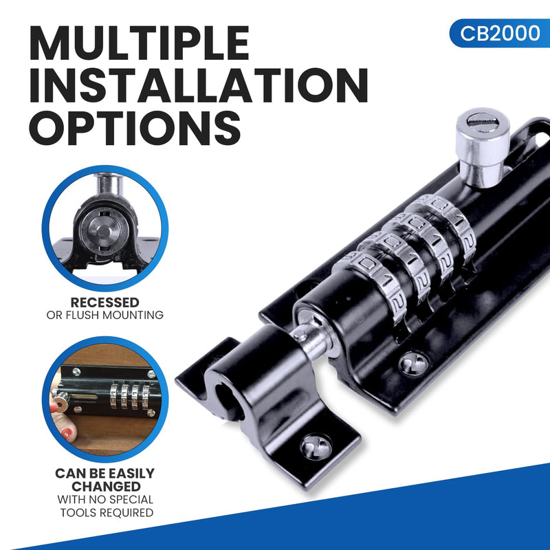 Combi-Bolt 4-Digit Combination Sliding Bolt Gate Lock, Secure Gates, Sheds, Windows, Doors, Barns, Fences, Iron or Wooden Gates, Equipment, Tools, Backyards, Livestock, and More (CB2000-BLACK) 1PK Black