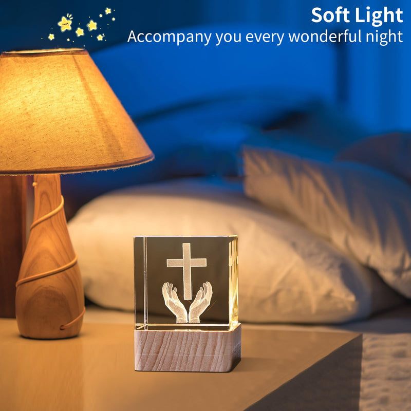 LONGWIN 3D Crystal Praying Hands Christian Gifts for Women Men, Glass Laser Engrave Jesus Cross Figurine 50mm Cube Led Night Light, Religious Gifts
