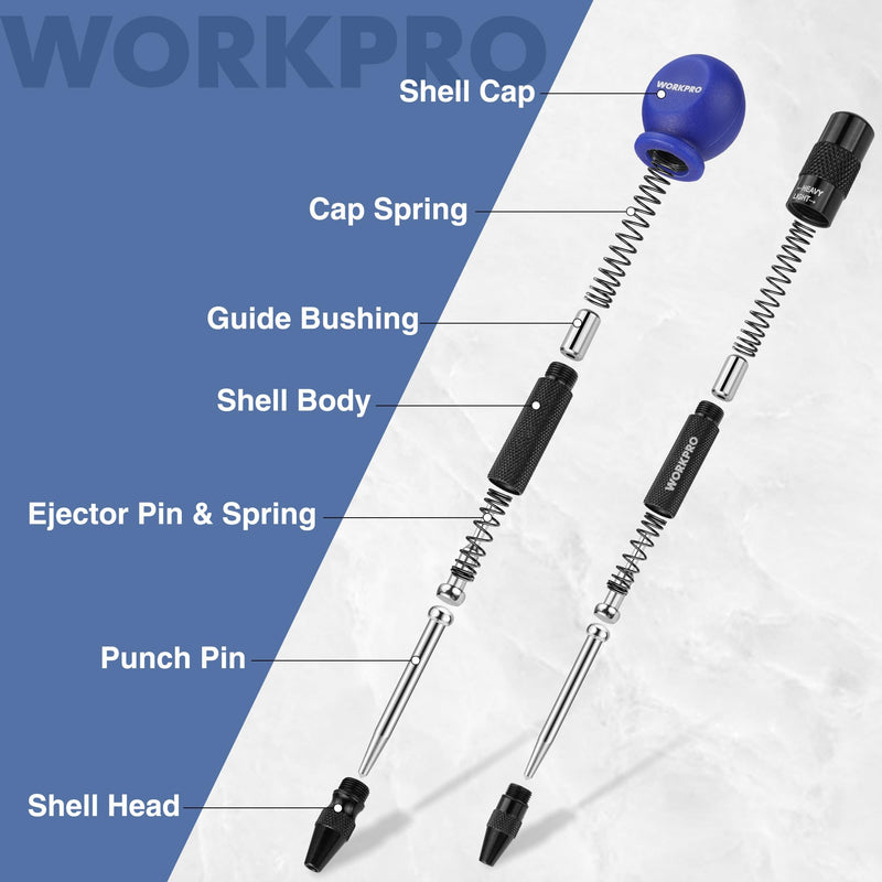WORKPRO 2PCS Automatic Center Punch with an Extra Replacement Tip, Adjustable Spring Loaded Center Punch, Metal Punch Tool, Center Hole Punch for Wood, Metal, Plastic 2pcs Auto Center Punches with a Replacement Tip