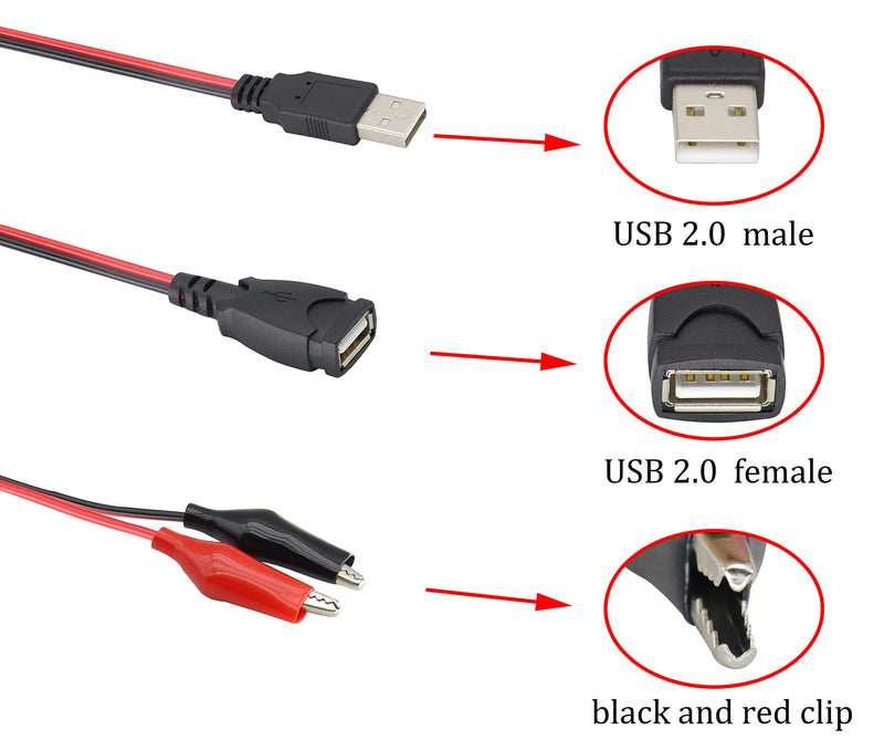 USB to Alligator Clip Adapter Cable Alligator Clip Jumper Probe to USB Male and Female Test Wre 24AWG Adapter Red and Black Wire Alligator Clip Cable for Testing The Circuit [4pack /50cm]