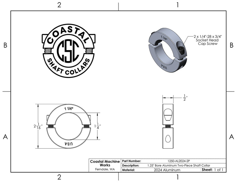 1.25" Bore Diameter - Clamping Two Piece Shaft Collar - 2024 Aluminum (2 Pack) 1.25" Bore 2