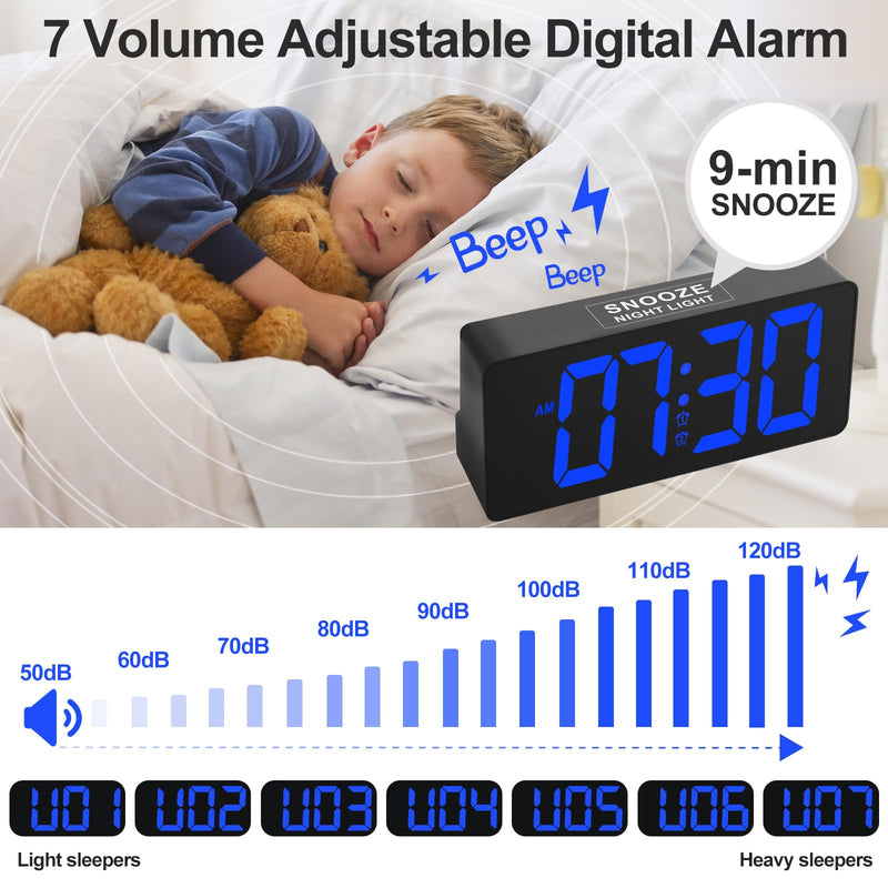 Alarm Clock for Bedroom Heavy Sleepers with Bed Shaker & Night Light-Vibrating Digital Clock Large Dimmable LED Digits with Dual Alarm & Charging Port Table Desk Clock for Hearing Impaired Seniors Blue Digit-black Case