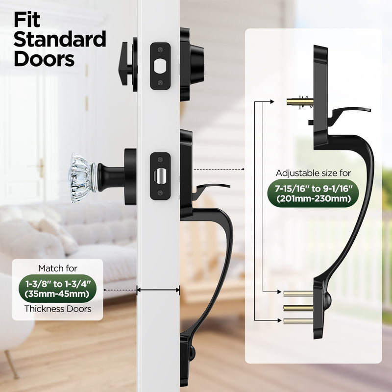 Black Front Door Handle and Deadbolt Set, Classic Front Door Lock Set with Crystal Glass Door Knob, Reversible Entry Door Handle for Right&Left Handed, Matte Black