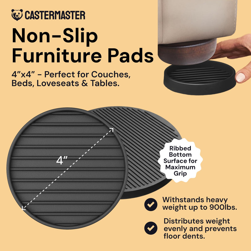 CasterMaster Heavy Duty Non Slip Furniture Pads for Wood Floors & Carpet - 4x4 Black Round Caster Cups - Rubber Feet for Furniture - Stop Bed Sliding - Bed Frame Legs Protectors (Set of 4)