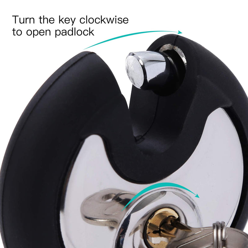 DAYGOS Outdoor Padlock for Storage Unit, Waterproof Stainless Steel Disc Lock with Rubber Bumper for Sheds,Gate and Fence, Heavy Duty Discus Keyed Pad Lock (3/8-Inch Shackle) 1 Pack round disc padlock black and silver
