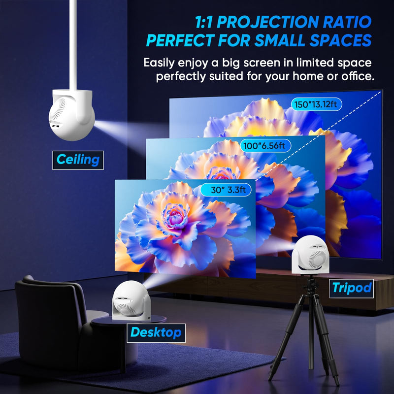 Mini Projector with WiFi and Bluetooth Auto Focus & Vertical Keystone Smart Portable Projector Android 13 with Built in Apps 1080P HD 4K Support w/ HDMI/USB Supported Home Movie Projector (White) White