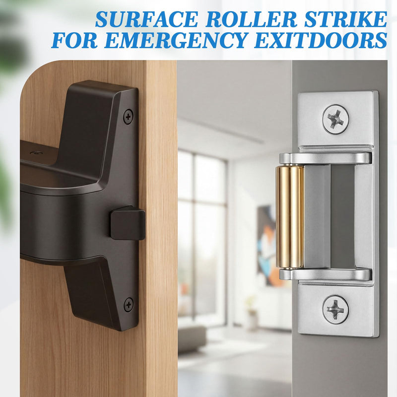 MorningRo 2 Sets Surface Mounted Roller Strike Plates, Sliver Rim Strike with Metal Shim Plates and Screws for Commercial Exit Doors, Panic Bar Exit Devices, Push Bar Door Hardware Replacement Silver