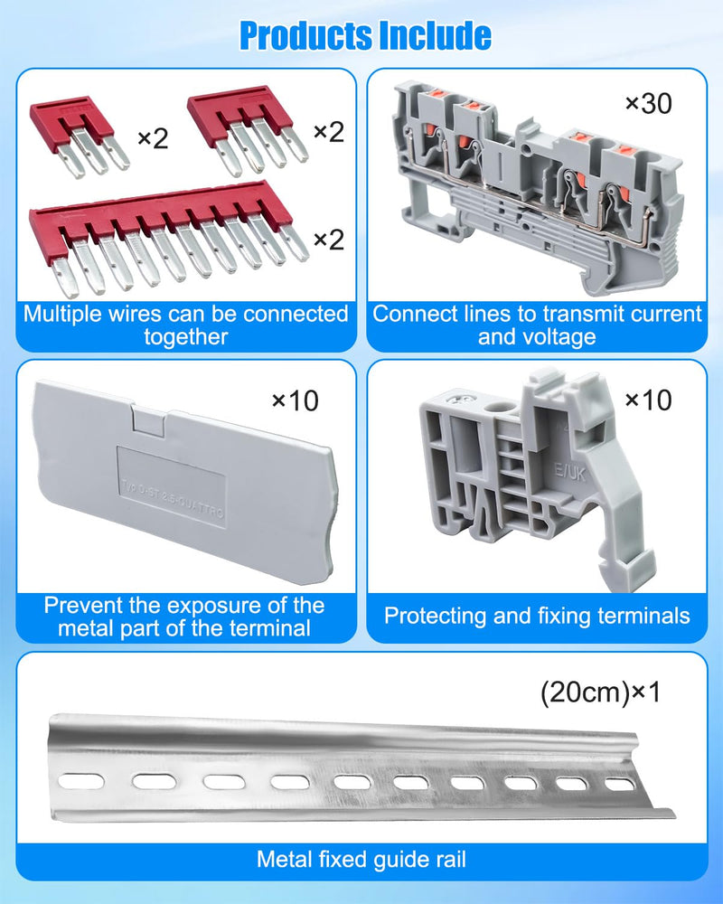 ST2-2.5/2x2 Twin Spring Terminal Connectors DIN Rail Terminal Block, Push in Type PT Screwless Wire Wiring Connector with 10 Covers 10 End Stops 6 Jumpers 56 Pcs
