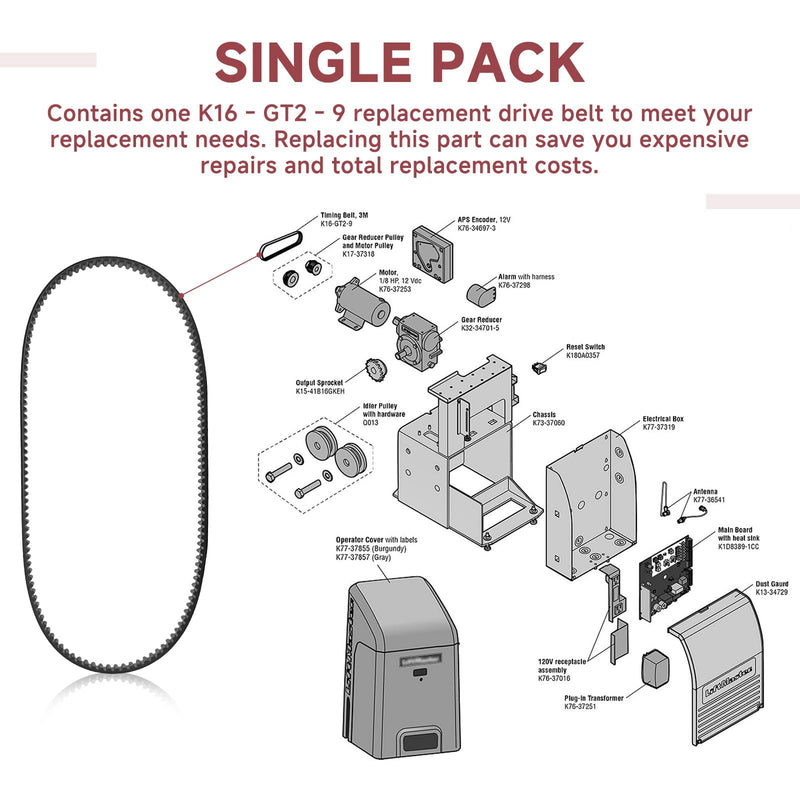 K16-GT2-9 Drive Belt Sliding Door Operator Compatible with LiftMaster | Compatible with LiftMaster RSL12U RSL12UL Sliding Door Operators Replacement Drive Belt for Smooth Reliable Operation