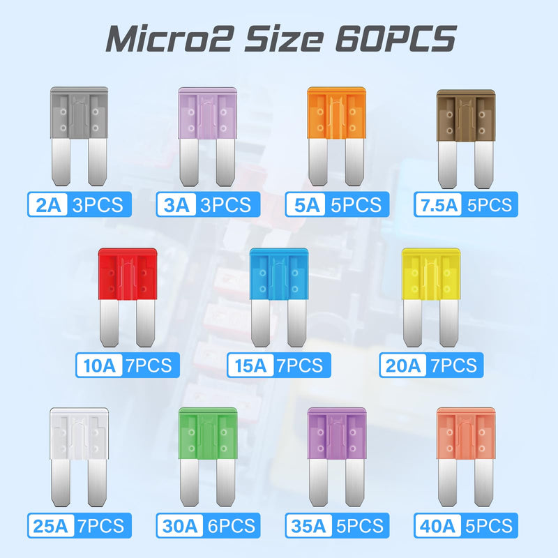 JOREST 60Pcs Micro Assorement Fuses Kit -Micro2 Fuse kit, Micro 2 Automotive Replacement Fuses for Car RV Truck Motorcycle(2Amp 3A 5A 7.5A 10A 15A 20A 25A 30A 35A 40A) 60 Micro2