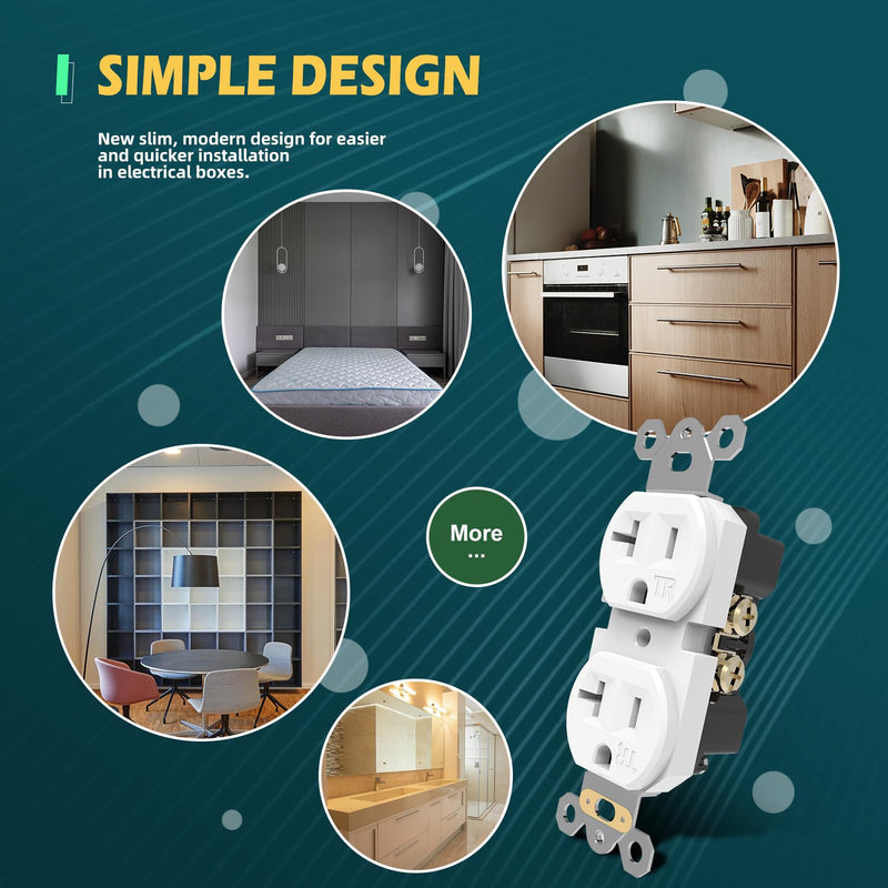 Duplex Wall Receptacle Outlets, 20A Tamper-Resistant Electrical Receptacle, 2 Pole 3 Wire, Self-Grounding, Residential Grade Wall Power Socket, White, UL Listed, 10 Pack 20 Amp
