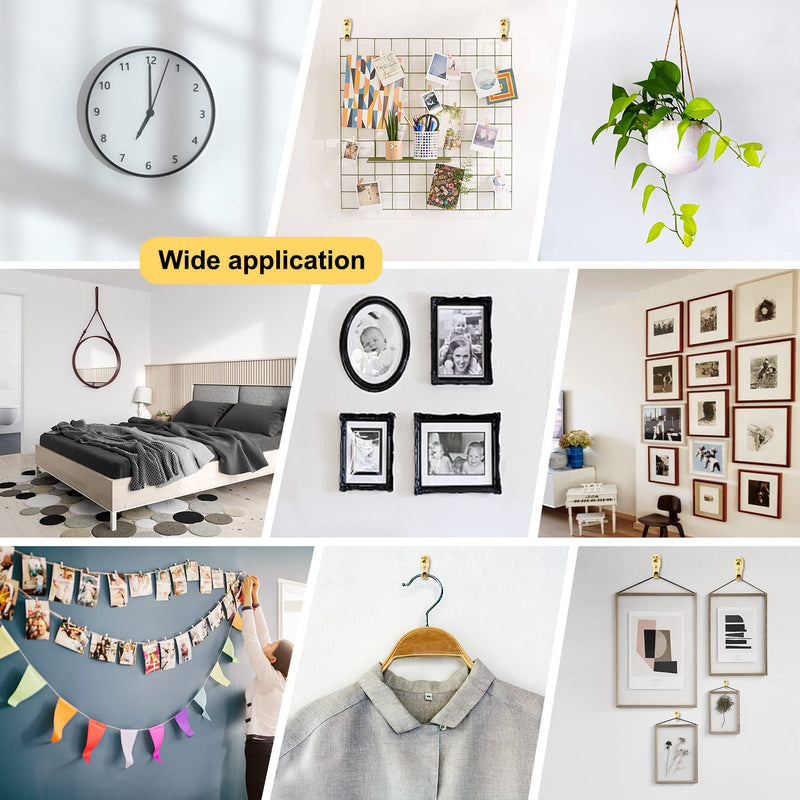 Picture Hangers, 120pcs Picture Hooks with Nails, FUZANWJ Picture Hanging kit, Wall Hangers, Wall Hanging Kit for Drywall/Wooden Wall, Holds 10-50 lbs Gold：10-50LBS