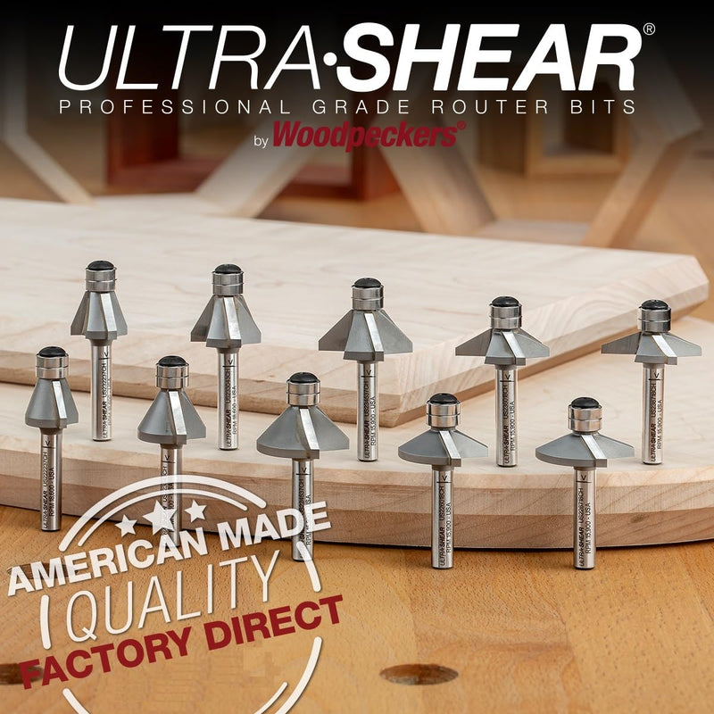Chamfer Router Bit, 1/4 Shank, 67.5 Degree, 3 Flute, Twin Bearing, Carbide Tipped, USA Made Edge Forming Bevel Bit - US236718CH 67.5 Deg