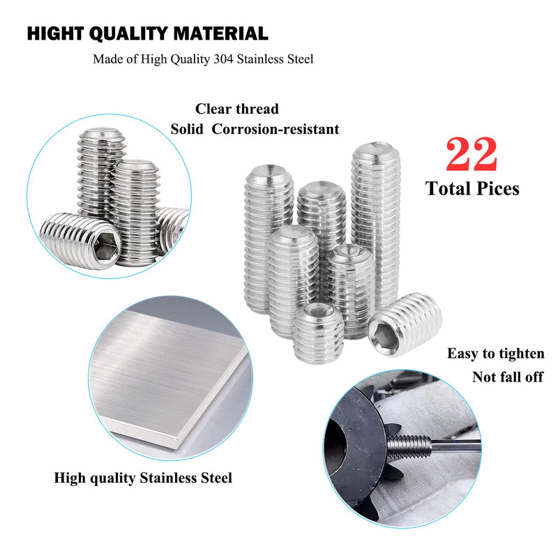 22pcs 1/4-20 Inch 4 Sizes Thread Hex Socket Set Screw Assortment kit – 304 Stainless Steel Full Thread Cup Point Grub Screws Set Screw for Bathroom Fixtures, Door Handles, Light Fixtures etc 304ss 1/4-20 4 Sizes-22pcs