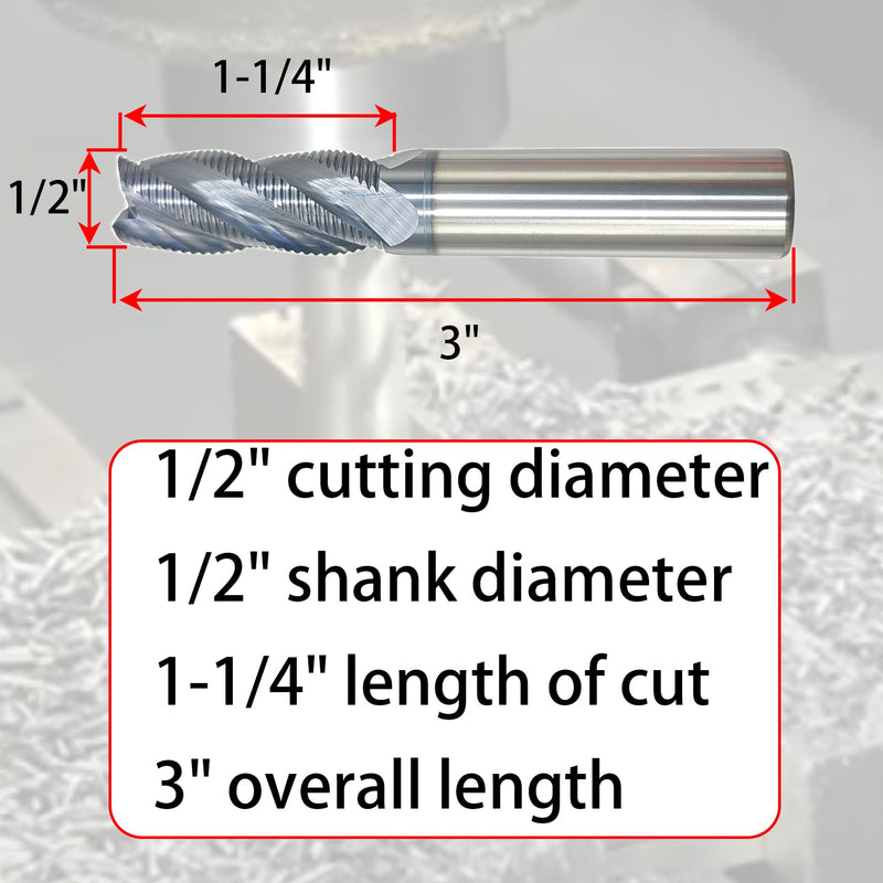 1/2" Carbide Roughing End Mill, 3" Overall Length, 4 Flute, Solid Carbide Roughing End Mill, 1/2" Cutting Diameter, 1-1/4" Length of Cut, Helix Angle: 35°,AlTiN Coated