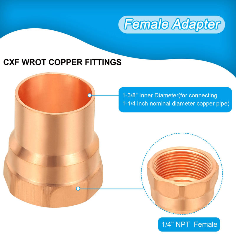 PATIKIL 1-1/4" Female Adapter Fitting with C X F Connections, 2 Pcs Copper Pipe Fittings with Sweat Solder X FNPT Connection Threaded Tubing Connector for Residential, Commercial 1.25 Inch