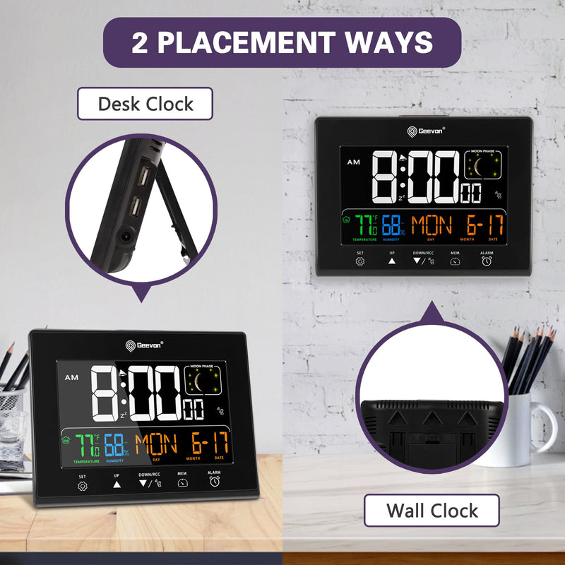 Geevon Digital Atomic Alarm Clocks for Bedrooms, Color VA Display Atomic Clock with Indoor Temperature and Humidity, DST, Dimmable Backlight, 2 USB Ports, Calendar, and Moon Phases