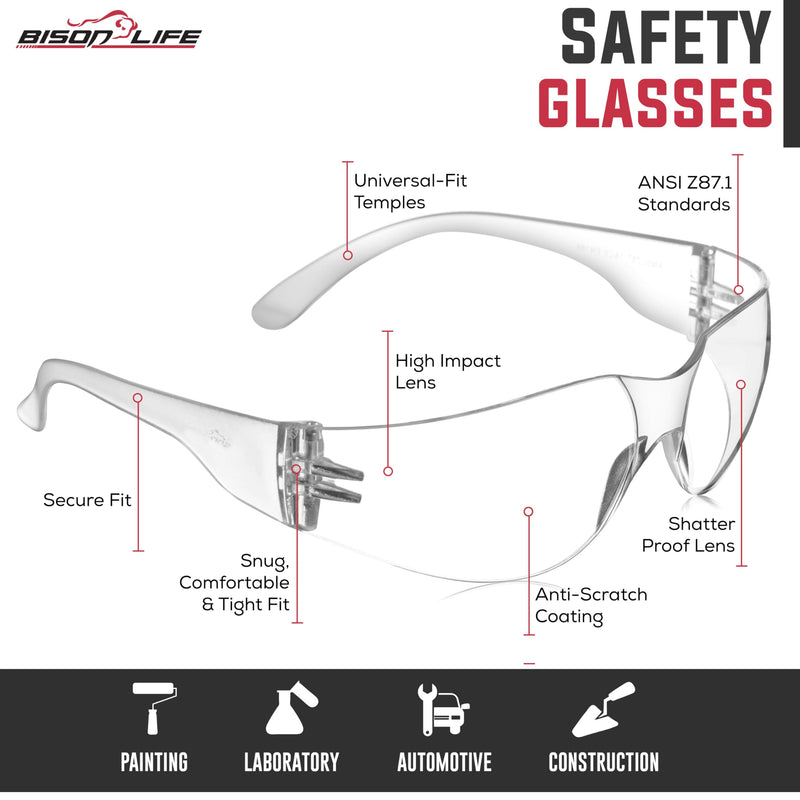 BISON LIFE Safety Glasses - Scratch Resistant Wrap Around Eyewear, Polycarbonate ANSI Z87.1 Impact Resistant Lens Clear/Clear 12