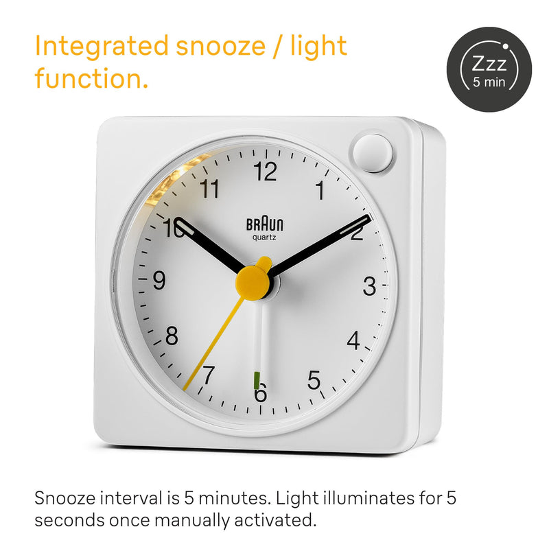 Braun Classic Travel Analogue Alarm Clock with Snooze and Light, Compact Size, Quiet Quartz Movement, Crescendo Beep Alarm in White, Model BC02XW.