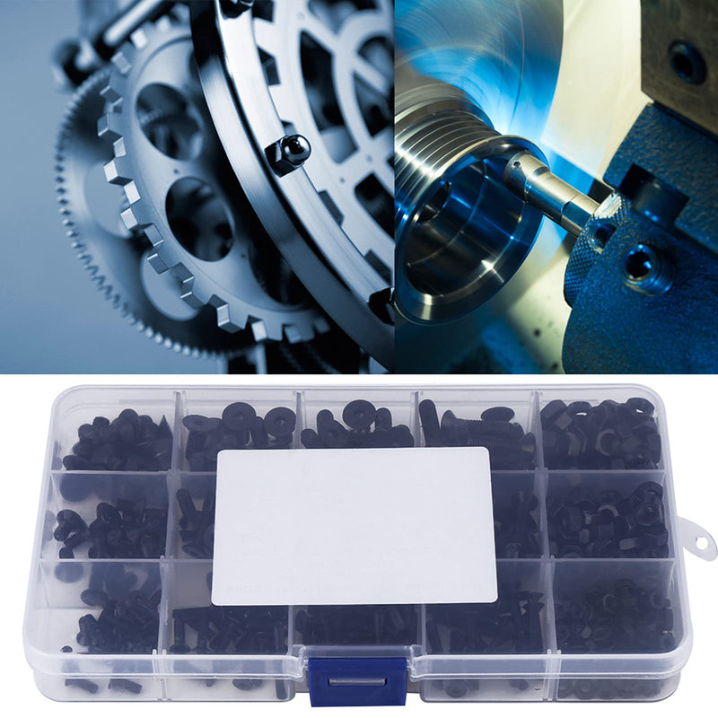 440Pcs Flat Head Bolt M3 M4 M5 Screws Alloy Steel Hex Socket Flat Head Screw Bolts and Nuts Kit with Plastic Case Black