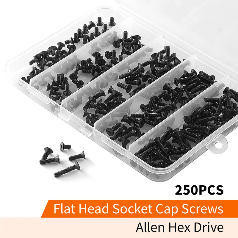 M3 x 6mm 8mm 10mm 12mm 16mm Flat Head Socket Cap Screws Countersunk Bolts, 10.9 Grade Alloy Steel, Black Oxide Finish, Metric Allen Hex Drive, Fully Threaded, Assortment Kit 250PCS M3 x 6/8/10/12/16mm(250PCS)