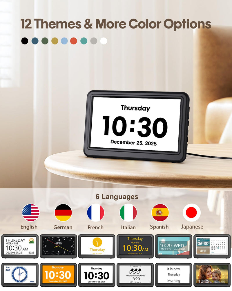 Clock with Day and Date for Elderly, 7" Large Display Digital Calendar Day Clock with 20 Custom Alarms and Medicine Reminders, Dimmable Dementia Alzheimers Clocks for Seniors, Black (Ac Powered) AC Powered